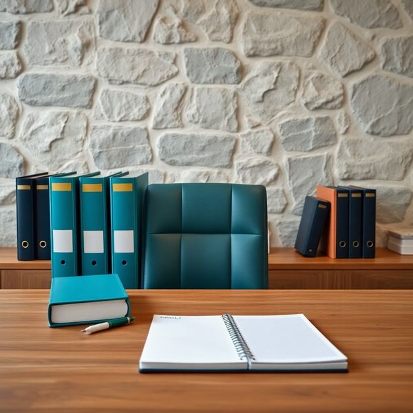 Izvršna pisalna miza s pravnimi mapami in beležko v azurnem svetlobnem tonu