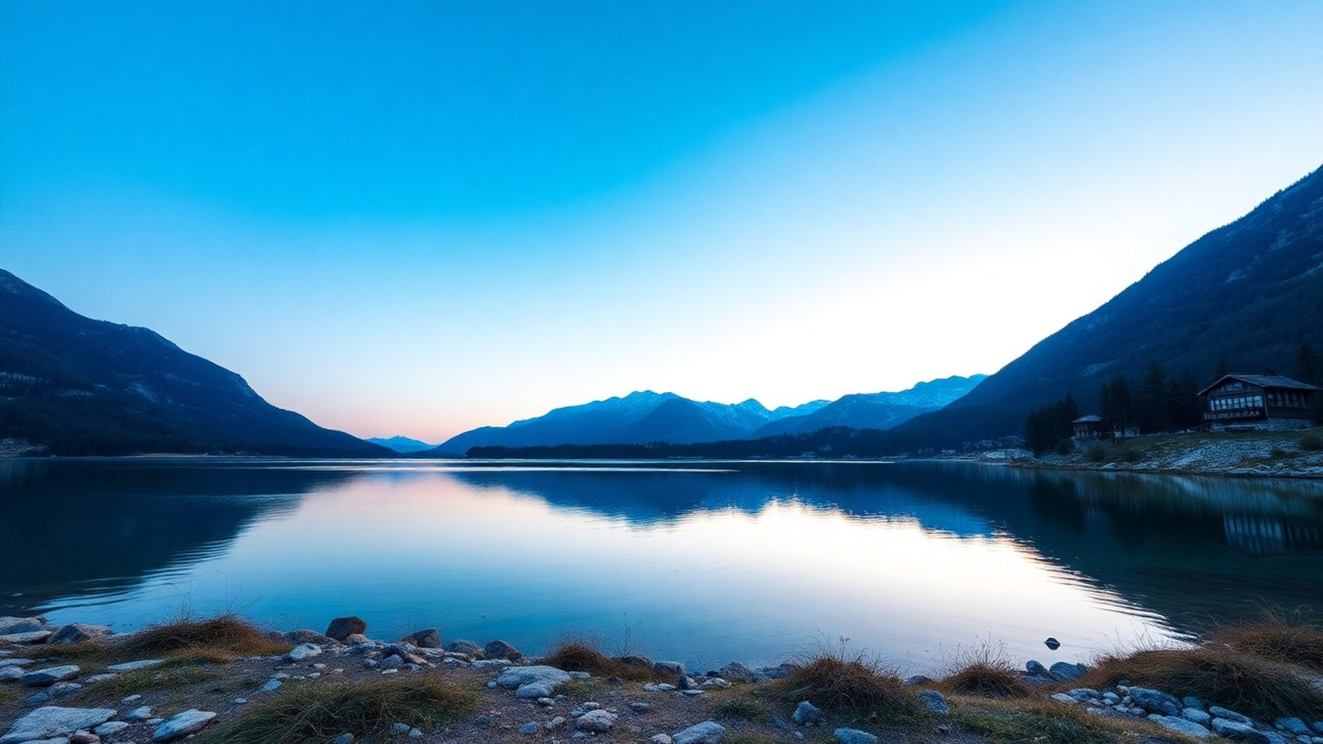 Alpsko slovensko jezero v azurni svetlobi mraka